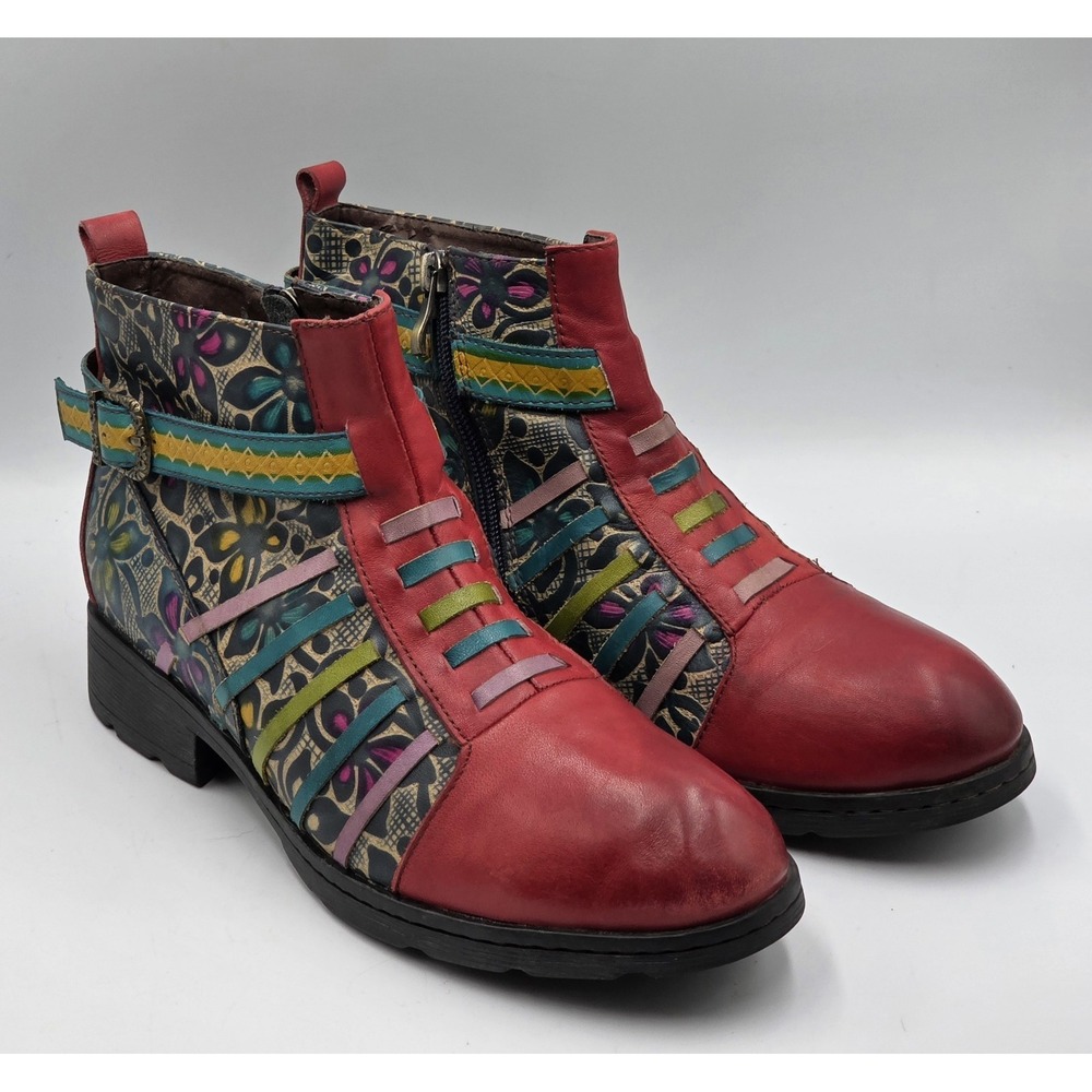 Socofy Leather Art To Wear Boho Floral Ankle Boots Hippie Artisan EU 40 US 9